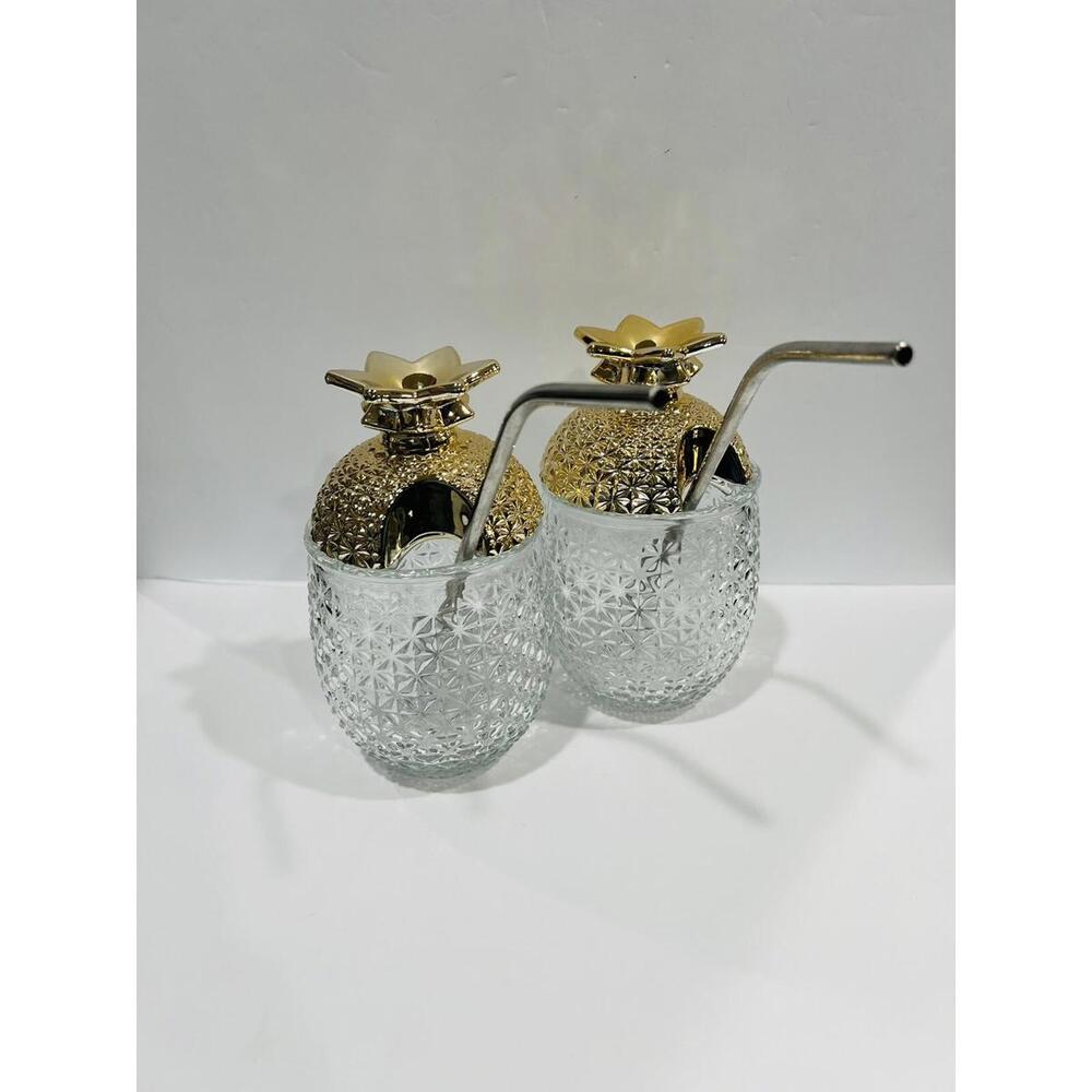 Set Of 2 Pineapple Tumblers W/ Stainless Steel Straws 20 Oz CELLINI NIB